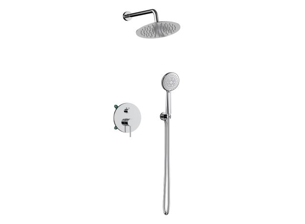 Orabella Preciosa Shower set εντοιχισμού με Μπαταρία λουτρού, εντοιχισμού 2 σημείων, κεφαλή Φ250  με βραχίονα και τηλέφωνο ντουζ με σπιράλ και επιτοίχειο στήριγμα σε διάφορα χρώματα